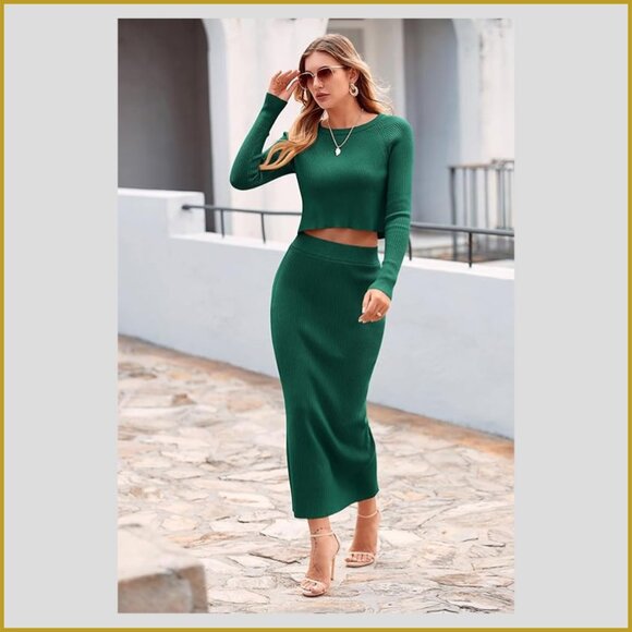 Green Ribbed Knit Sweater Set – Long Sleeve Crop Top + Maxi Skirt | Size M - Picture 3 of 6